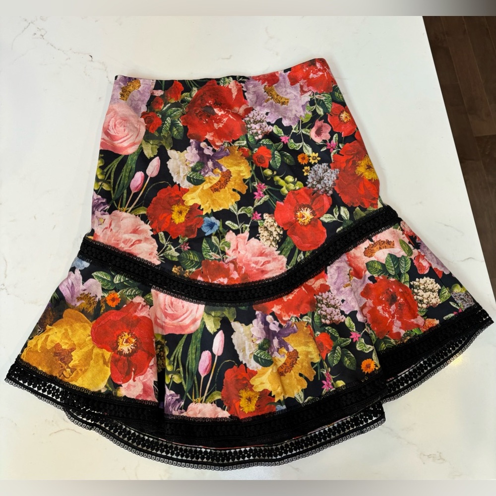 Alice + Olivia Black Floral Midi Skirt with Red, Pink & Yellow Blooms